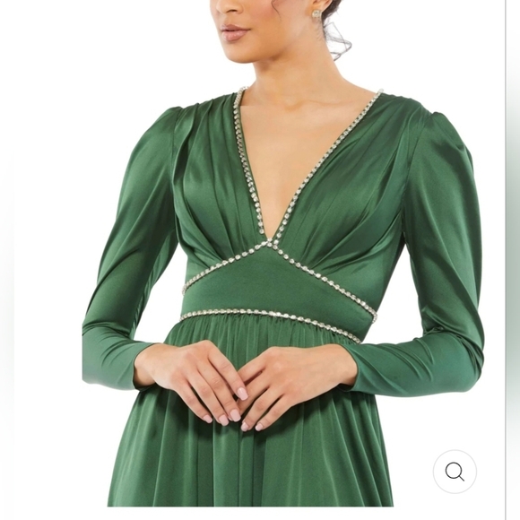 Ieena for Mac Duggal,Satin Puff  Shoulder  Gown,Emerald Green/Rhinestone,Size 10 - Picture 3 of 11